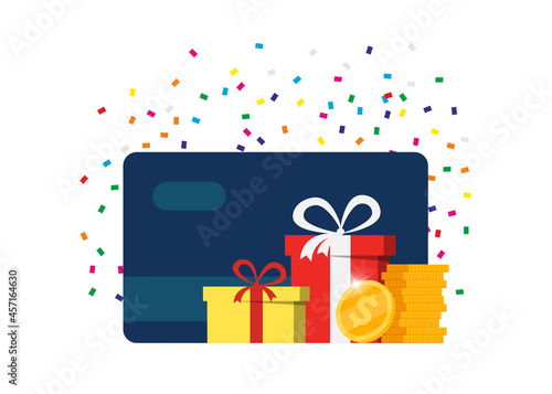 Gift or bonus card. Earn loyalty points and receive online rewards. Customer service business advertising. Money coins cashback, financial prize program, surcharge or allowance payment concept. Vector photo