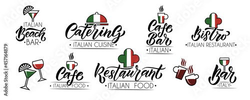 Vector templates set for catering, bar, cafe, bistro restaurant logo. Hand sketched logotype lettering typography. Catering outdoor events and restaurant service logo isolated on background. Vector