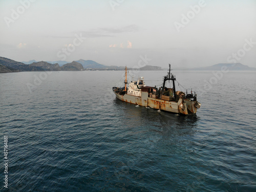 Fototapeta Naklejka Na Ścianę i Meble -  Fishing ship in the Black Sea near Crimea, Fishing trawler.