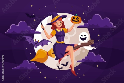 cute halloween witch with broom vector design illustration