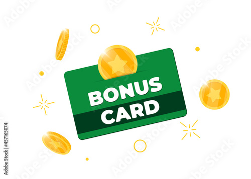 Loyalty program bonus green card. Purchase percent return customer service business sign. Earn points and gold coins cash back income symbol. Isolated vector eps illustration