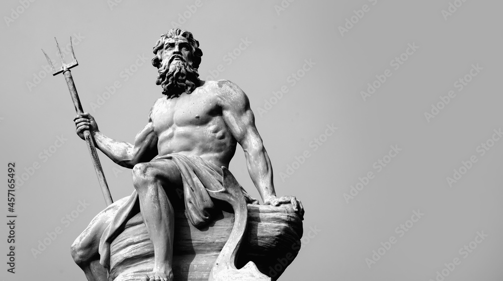 Mighty and powerful god of the sea, oceans and water Neptune (Poseidon). Black and white image. Copy space. - obrazy, fototapety, plakaty 