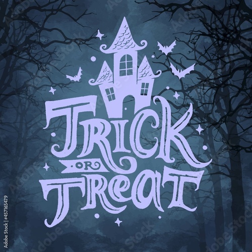 trick treat lettering with haunted house vector design illustration