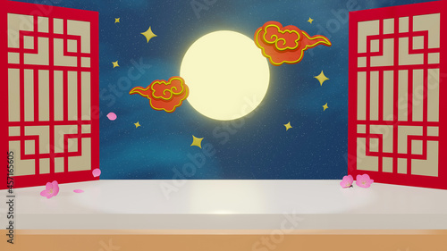 Photography 3d  - Open the windows with ancient Chinese motifs to see the starry sky and the bright full moon and ancient Chinese clouds