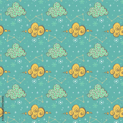 Doodle Clouds and Snowflakes Vector Pattern