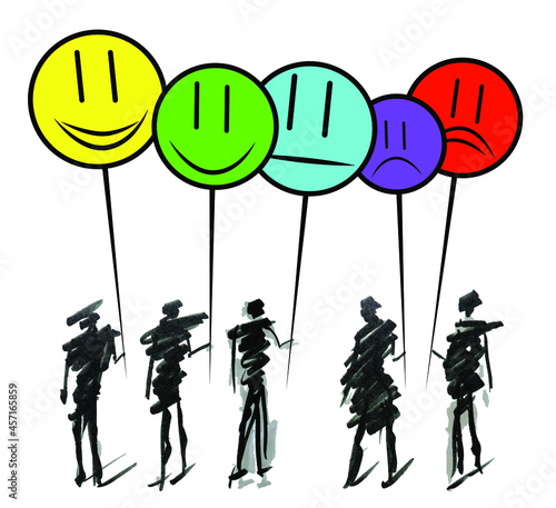 Hand drawn doodle line art cartoon design character group of people holding smilies emoji to show positive, negative and neutral satisfaction rating. Customer service and user experience concept.