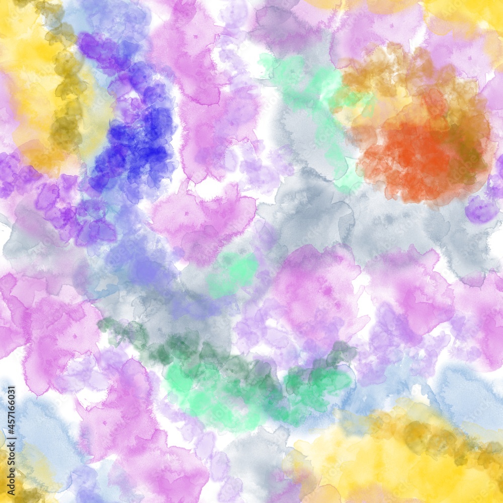 Seamless pattern of abstract watercolor transitions of blue, pink and yellow shades for textiles.