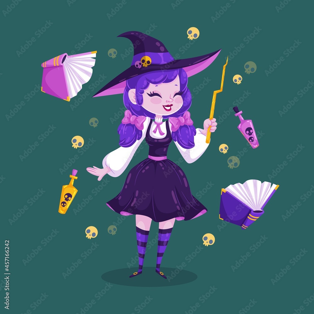 cute halloween witch with flying objects vector design illustration cute halloween witch with flying objects vector design illustration