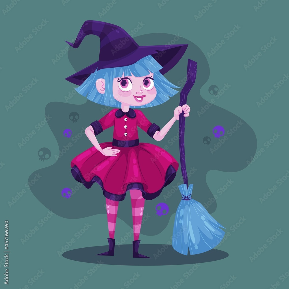 cute halloween witch with broom vector design illustration cute halloween witch with broom vector design illustration