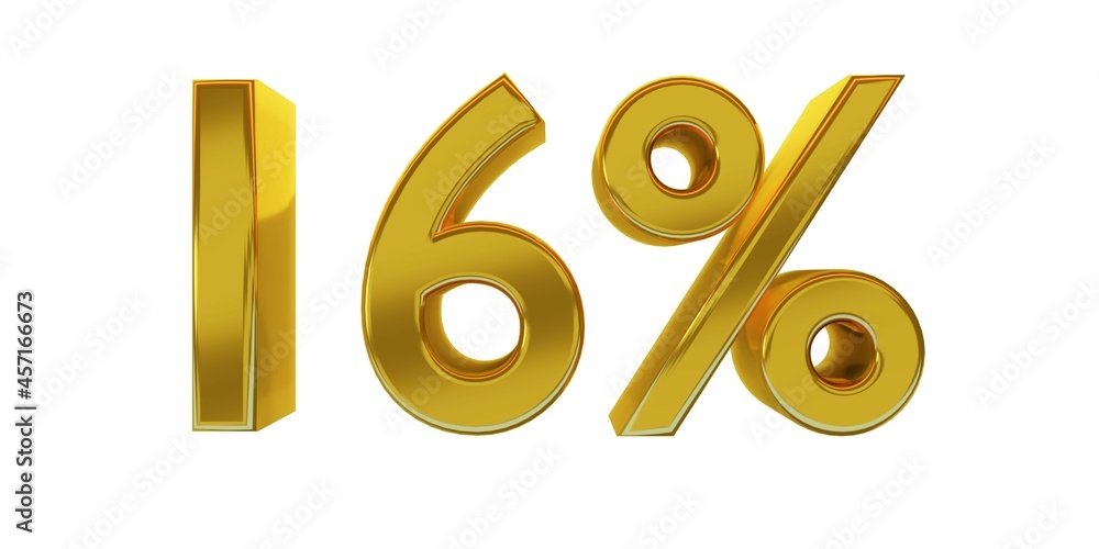3D illustration, sixteen percent - 16%, golden elements with white background, detailed lights, rendered in 5000x2500 pixels.
3D illustration, sixteen percent - 16%, golden elements with white background, detailed lights, rendered in 5000x2500 pixels.