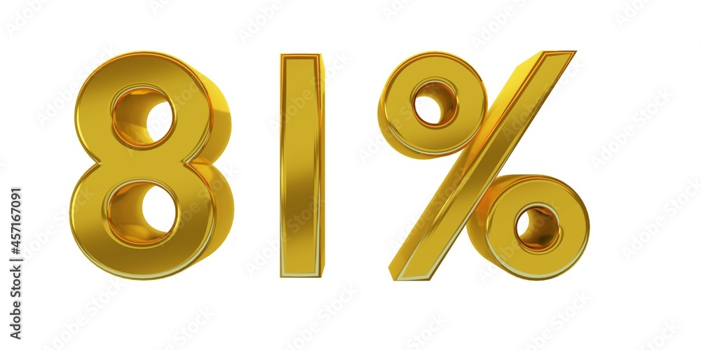 3D illustration, eighty-one percent - 81%, golden elements with white background, detailed lights, rendered in 5000x2500 pixels.
3D illustration, eighty-one percent - 81%, golden elements with white background, detailed lights, rendered in 5000x2500 pixels.