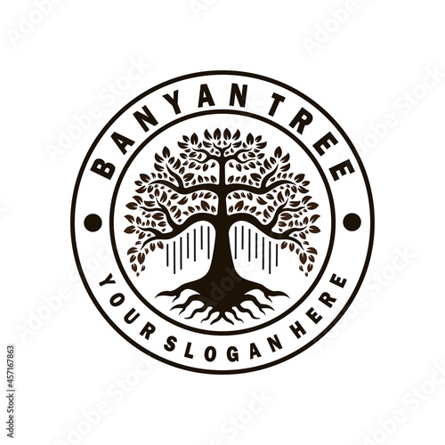 banyan tree logo design template. circle stamp style logo. tree illustration vector