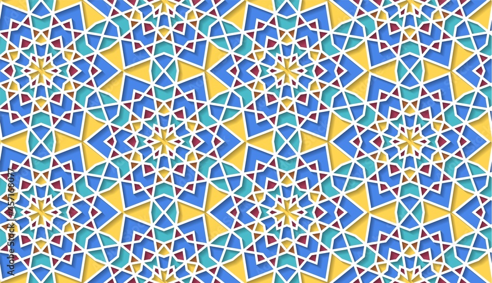 Arabic seamless girih pattern with classic islamic culture ornament. Colorful tiled background with shadow.