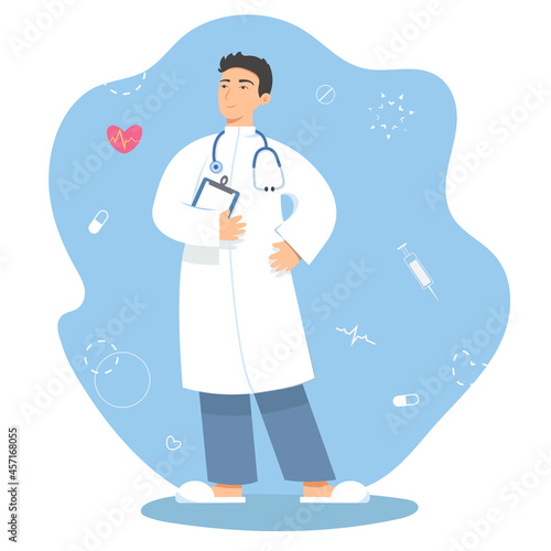 Young doctor with stethoscope and copybook in frame with medical and abstract details