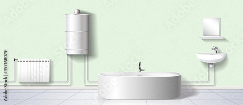 Bathroom Interior with Boiler and Furniture Arrangement, realistic vector illustration