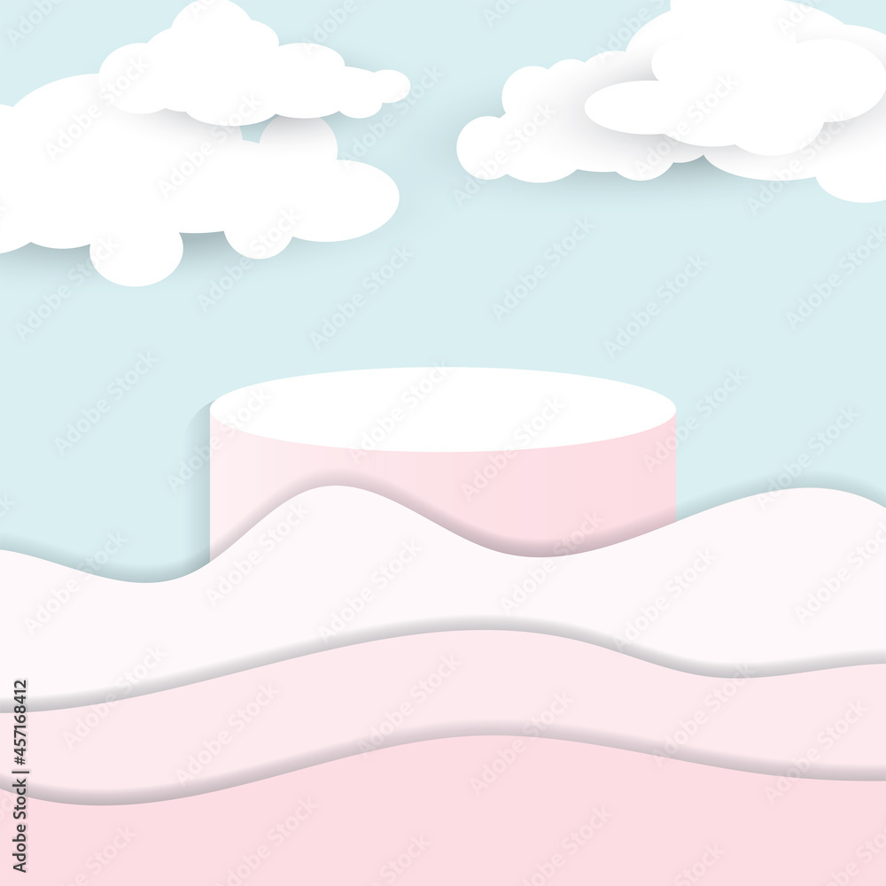 Illustration of waves on abstract night sky background with circle stage podium and empty space. paper cut style vector illustration