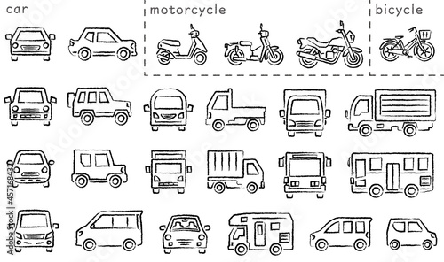 車とバイクと自転車のアイコンセット(木炭鉛筆ブラシ)分類バージョン
