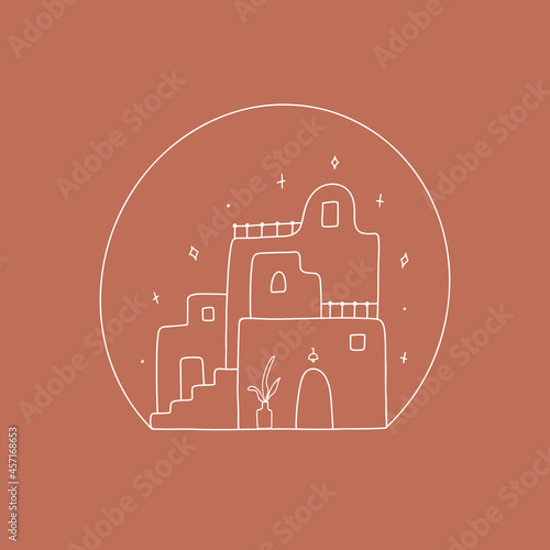 Bohemian scene of old or ancient houses inside the round frame. Modern line illustration. Trendy boho terracotta art. Vector.