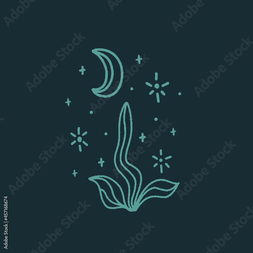 Wild flower botanical line illustration. Magic nature, moonchild, witchcraft symbol. Midnight with crescent moon and stars. Vector, hand drawn art.