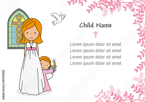 My first communion card. Girl and angel in church. Space for text