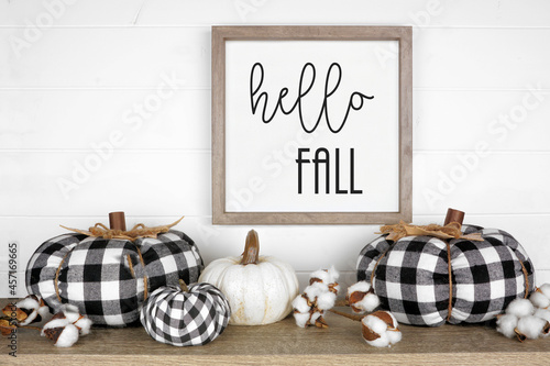 Fototapeta Naklejka Na Ścianę i Meble -  Modern farmhouse autumn shelf display with black and white buffalo plaid pumpkins and rustic hello fall sign