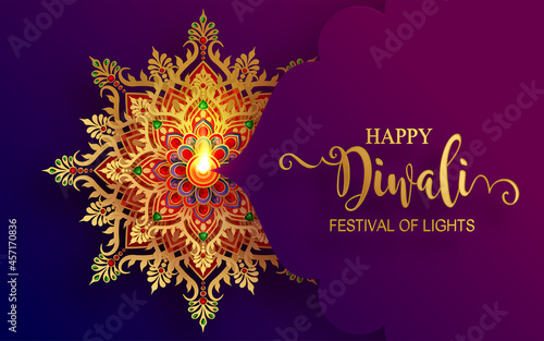 Diwali, Deepavali or Dipavali the festival of lights india with gold diya patterned and crystals on paper color Background.
