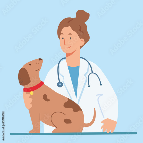 Veterinarian and dog at pet clinic. Services of veterinary clinic. Cleaning and examining of canine teeth 
