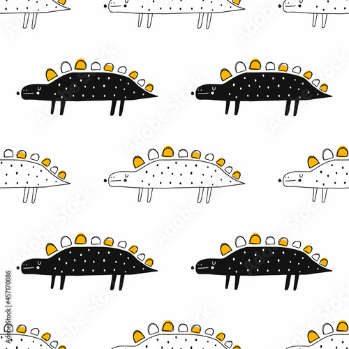 Vector hand-drawn seamless childish pattern with cute doodle dinosaurs on a white background. Kids texture for fabric, wrapping, textile, wallpaper, apparel. Dino. Scandinavian style illustration.