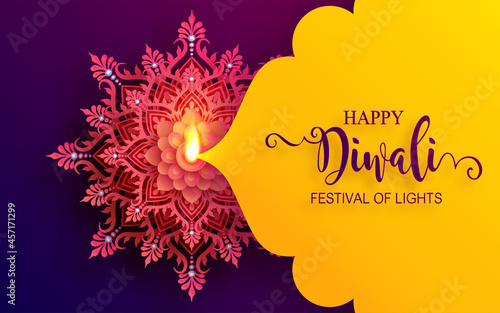 Diwali, Deepavali or Dipavali the festival of lights india with gold diya patterned and crystals on paper color Background.

