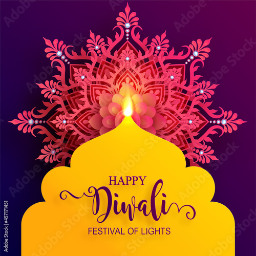 Diwali, Deepavali or Dipavali the festival of lights india with gold diya patterned and crystals on paper color Background.
