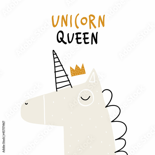 Child illustration with cute unicorn in crown and hand drawn text. Vector funny animal for baby graphic suit printing. Kid print with lettering - Unicorn queen. Greeting card design. Horse.