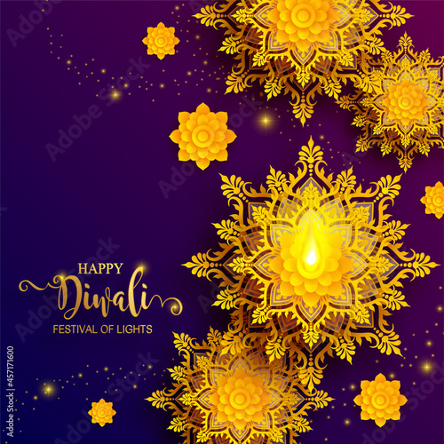 Diwali, Deepavali or Dipavali the festival of lights india with gold diya patterned and crystals on paper color Background.
