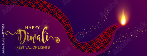 Diwali, Deepavali or Dipavali the festival of lights india with gold diya patterned and crystals on paper color Background.
