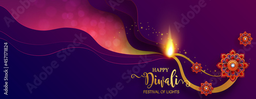 Diwali, Deepavali or Dipavali the festival of lights india with gold diya patterned and crystals on paper color Background.
