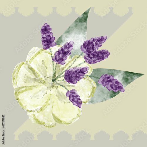 Ilustración vectorial editable de flor con lavandas en tonos amarillos, verdes y violetas con fondo vintage inspirado en puntillas. 