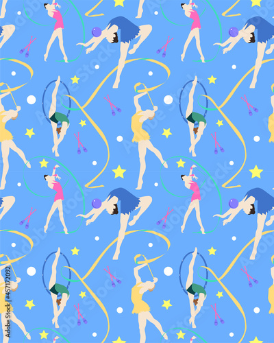 Colorful vector seamless pattern with silhouettes of rhythmic gymnasts doing performance with ribbons, ball and hoop.