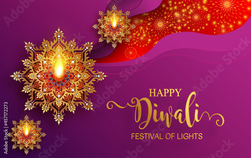 Diwali, Deepavali or Dipavali the festival of lights india with gold diya patterned and crystals on paper color Background.
