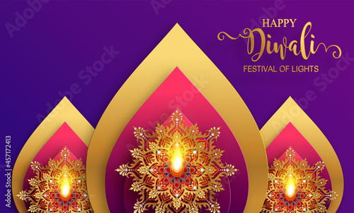 Diwali, Deepavali or Dipavali the festival of lights india with gold diya patterned and crystals on paper color Background.

