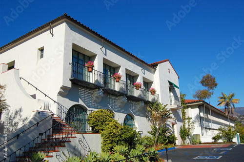 Historic Spanish Colonial style residence building near Santa Barbara County Courthouse in historic downtown of Santa Barbara, California, USA. 
