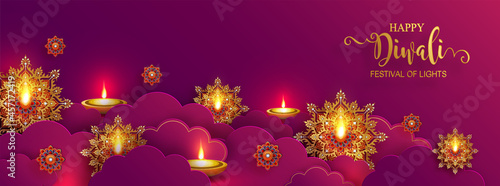 Diwali, Deepavali or Dipavali the festival of lights india with gold diya patterned and crystals on paper color Background.
