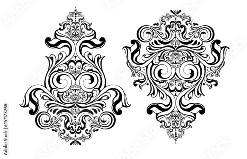 Vector damask vintage baroque scroll ornament swirl. Victorian monogram heraldic shield swirl.Retro floral leaf pattern border foliage antique acanthus calligraphy engraved tattoo. Tile decor element