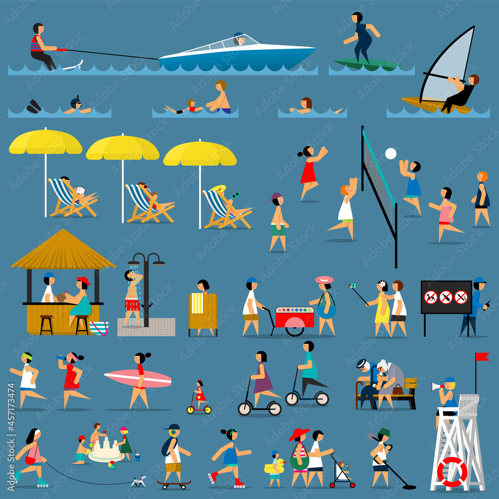 Set of people on the beach. Infographic elements. Vector flat illustration. Set of people on the beach. Infographic elements. Vector flat illustration.