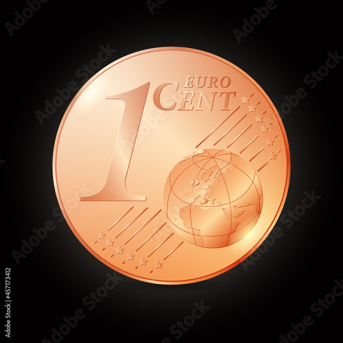 1 euro cent shining bronze coin, realistic vector illustration, isolated elements. EUR currency.