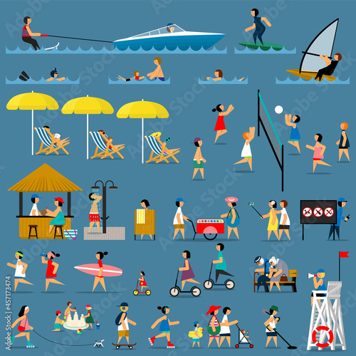 Set of people on the beach. Infographic elements. Vector flat illustration.