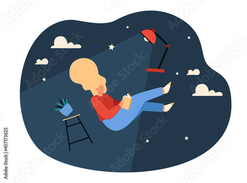 Happy cartoon woman flying in night sky while reading book. Cute girl floating in air under lamp light flat vector illustration. Library, magic, literature concept for banner or landing web page