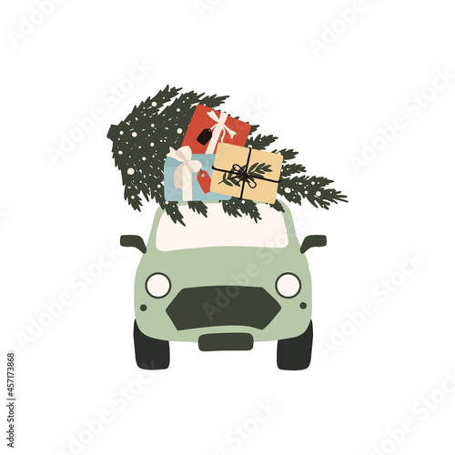 Christmas car with gifts boxes and fir trees. Winter holiday new year season card. Vector illustration in hand drawn cartoon flat style