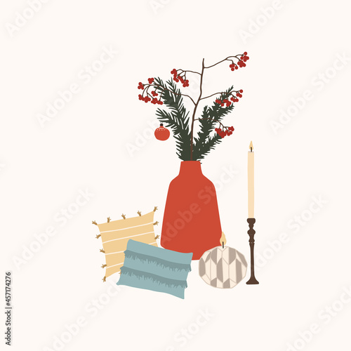 Christmas composition with decor vase and spruce branches, sofa cushions and candles. Winter holiday new year season card. Vector illustration in hand drawn cartoon flat style