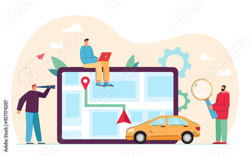 Cartoon men using car sharing online application for economy. People finding transport, city map on tablet flat vector illustration. Communication, car rental, traveling concept for banner