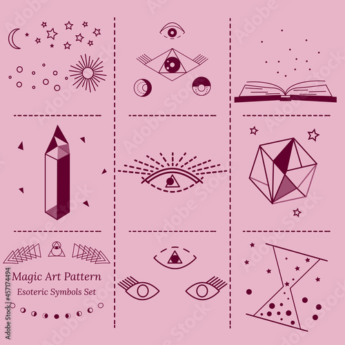 Large set of images of objects of esoterica, alchemy, magic, fortune telling, occultism. Vector doodle in outline style for tarot cards design, social networks, groups, web page.