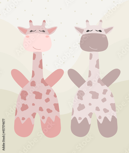 Ilustración vectorial editable de dos jirafas en tonos rosados y grises, con fondo en lunares y textura. Diseño para ropa de bebes, cuadros infantiles o recursos gráficos